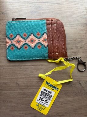 NWT Wrangler Turquoise & Brown Southwestern Print Mini Zip Cardholder